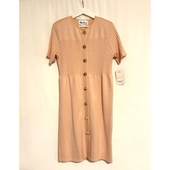 Vintage Dress 14 Pink Gold Buttons Midi Short Sleeve Evening Formal Stretch - Picture 1 of 9